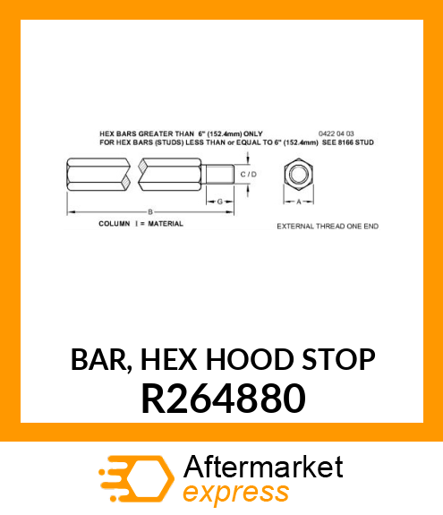 BAR, HEX HOOD STOP R264880