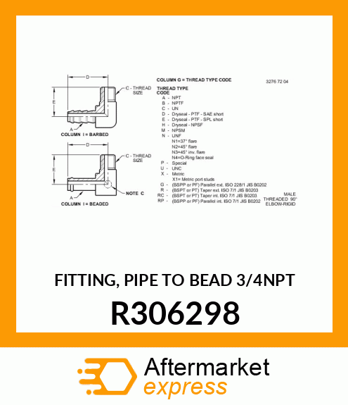 FITTING, PIPE TO BEAD 3/4NPT R306298