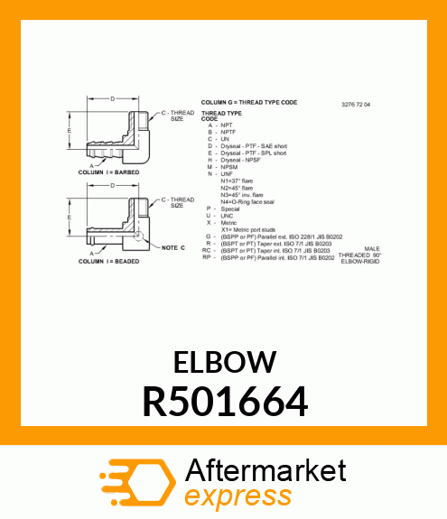 FITTING,HOSE,BARBED,90 DEG ELBOW R501664