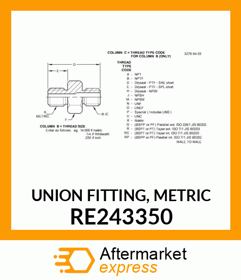 UNION FITTING, METRIC RE243350