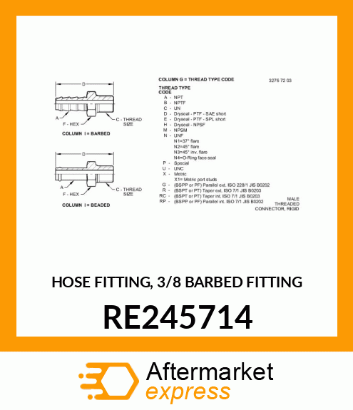 HOSE FITTING, 3/8 BARBED FITTING RE245714