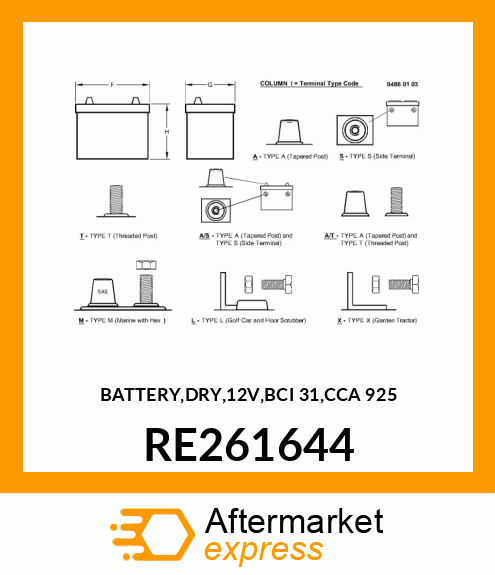 BATTERY,DRY,12V,BCI 31,CCA 925 RE261644