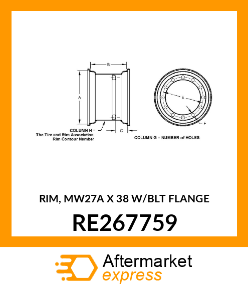 RIM, MW27A X 38 W/BLT FLANGE RE267759