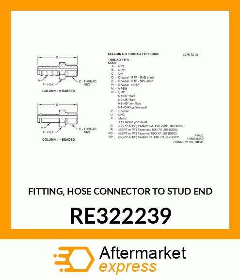 FITTING, HOSE CONNECTOR TO STUD END RE322239