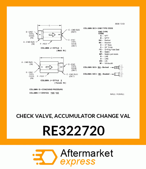 CHECK VALVE, ACCUMULATOR CHANGE VAL RE322720