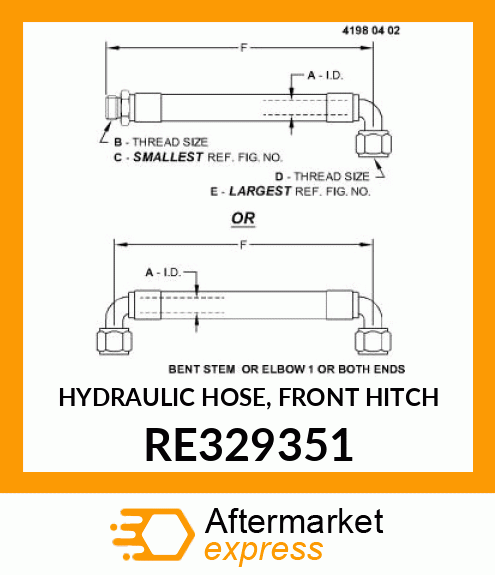 HYDRAULIC HOSE, FRONT HITCH RE329351