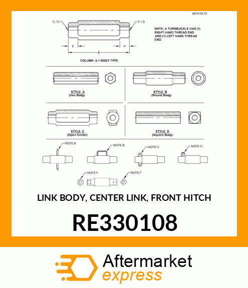 LINK BODY, CENTER LINK, FRONT HITCH RE330108