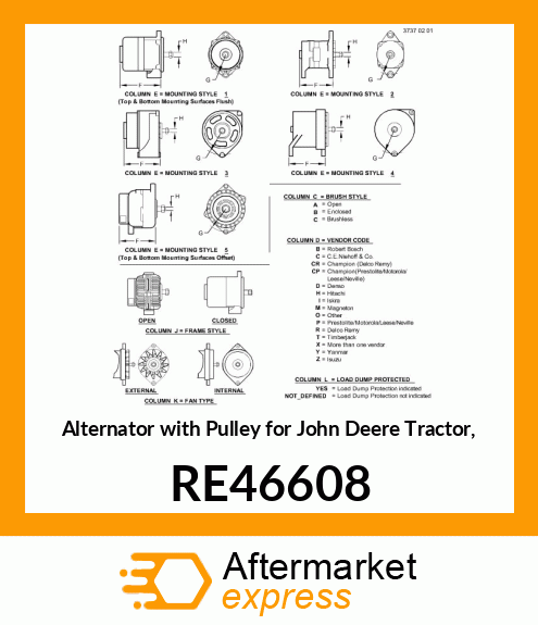 ALTERNATOR, W/PULLEY, 140 AMP8 RIB RE46608