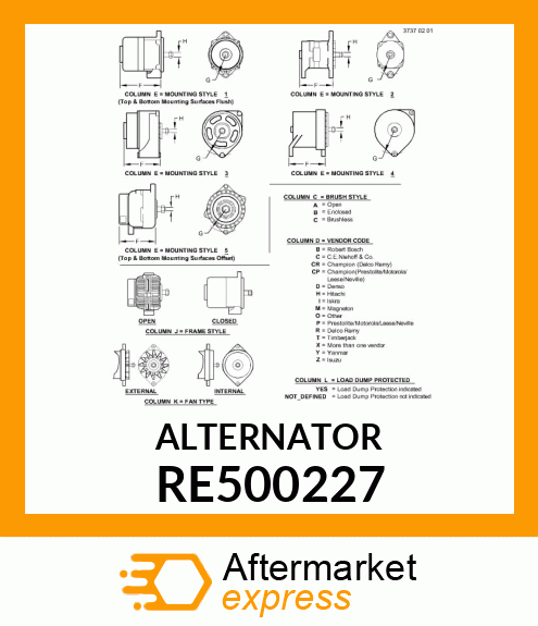 ALTERNATOR, W/REG,90 AMP,12V W/TACH RE500227