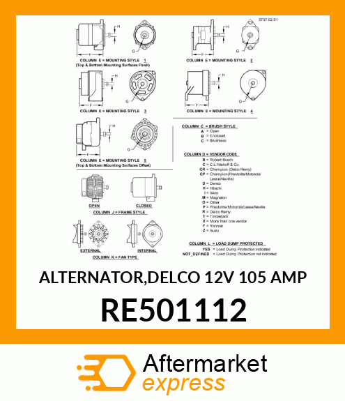 ALTERNATOR,DELCO 12V 105 AMP RE501112