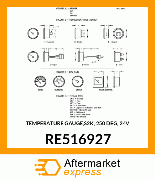 TEMPERATURE GAUGE,S2K, 250 DEG, 24V RE516927