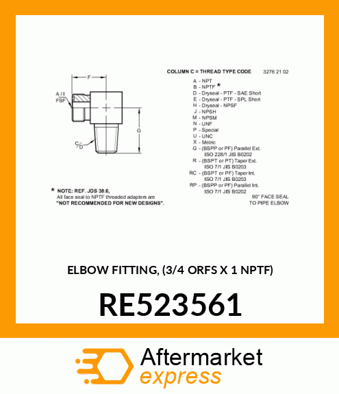 ELBOW FITTING, (3/4 ORFS X 1 NPTF) RE523561