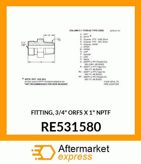 FITTING, 3/4" ORFS X 1" NPTF RE531580