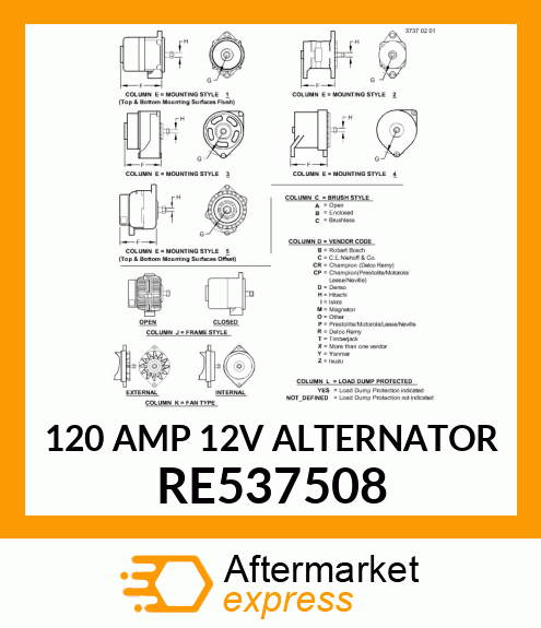 120 AMP 12V ALTERNATOR RE537508