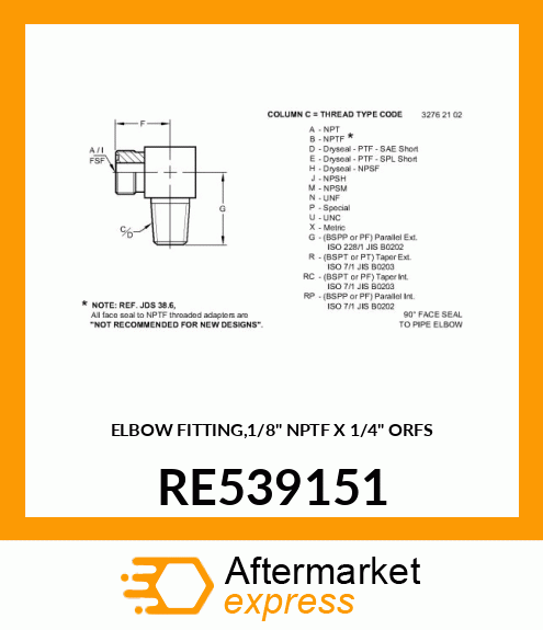 ELBOW FITTING,1/8" NPTF X 1/4" ORFS RE539151