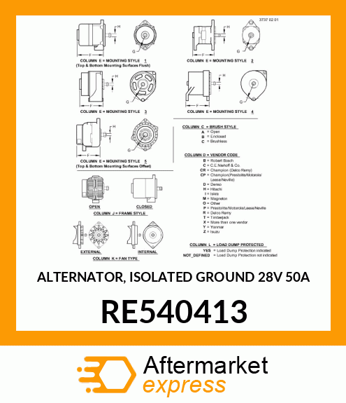 ALTERNATOR, ISOLATED GROUND 28V 50A RE540413