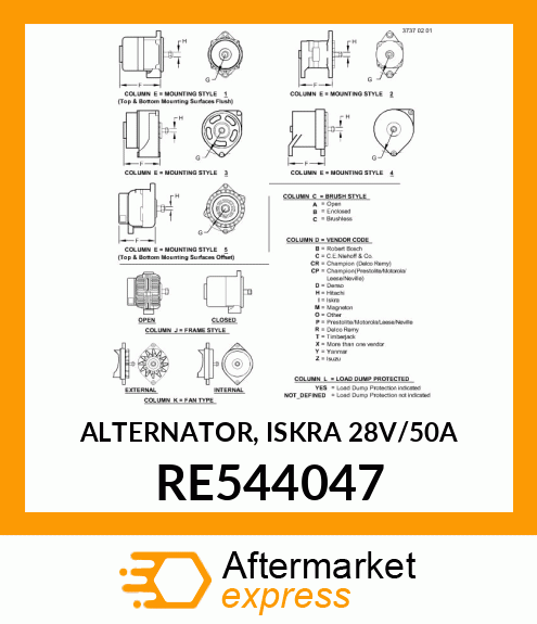 ALTERNATOR, ISKRA 28V/50A RE544047