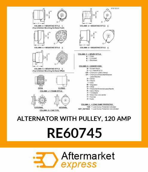 ALTERNATOR WITH PULLEY, 120 AMP RE60745