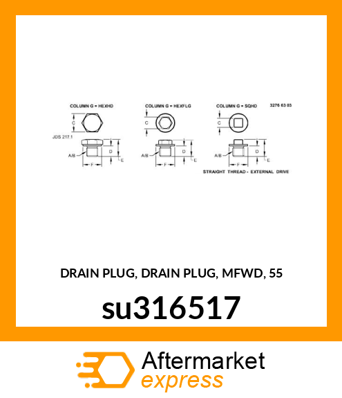 DRAIN PLUG, DRAIN PLUG, MFWD, 55 su316517