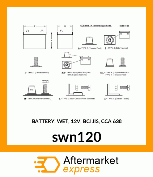 BATTERY, WET, 12V, BCI JIS, CCA 638 swn120