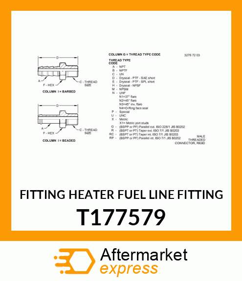 FITTING HEATER FUEL LINE FITTING T177579