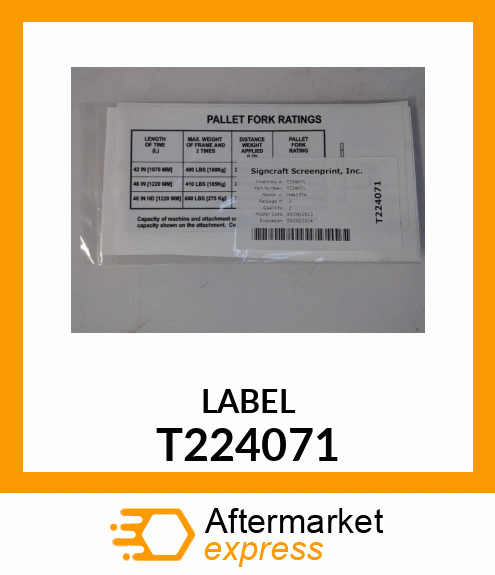 PALLET FORK RATING DECAL T224071