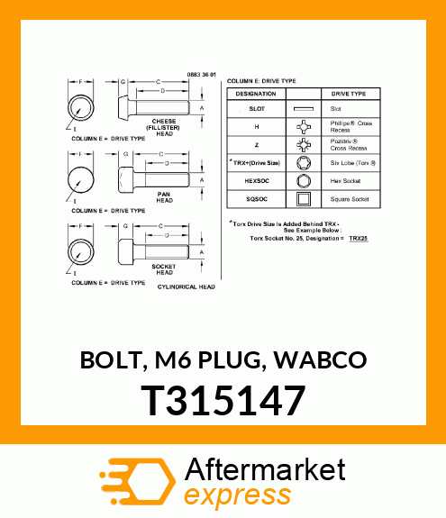 BOLT, M6 PLUG, WABCO T315147