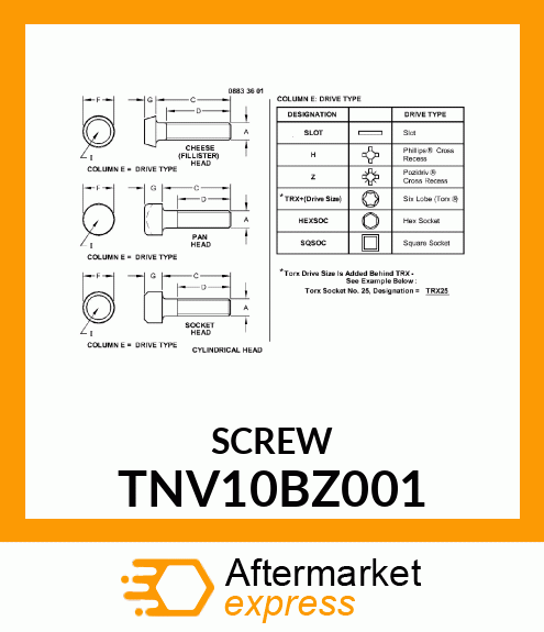 SCREW, HEX SOCKET HEAD, METRIC TNV10BZ001