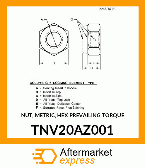 NUT, METRIC, HEX PREVAILING TORQUE TNV20AZ001