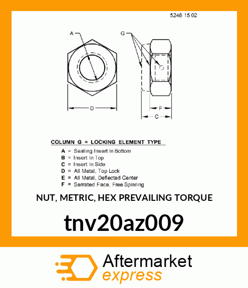 NUT, METRIC, HEX PREVAILING TORQUE tnv20az009