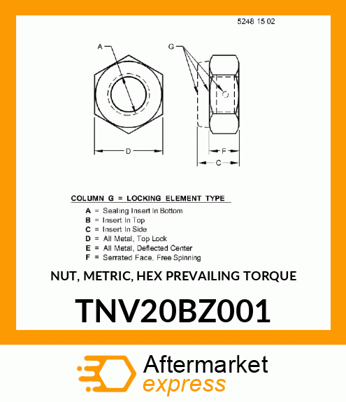 NUT, METRIC, HEX PREVAILING TORQUE TNV20BZ001