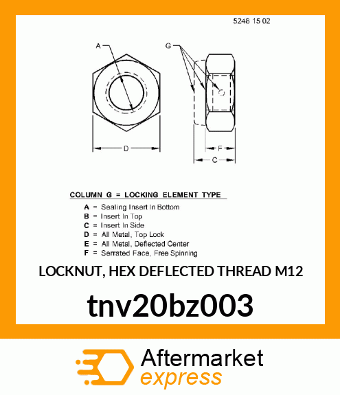 LOCKNUT, HEX DEFLECTED THREAD M12 tnv20bz003