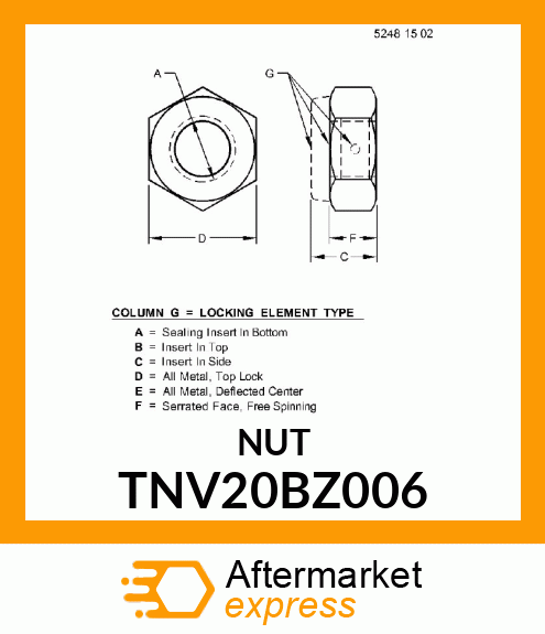 NUT, METRIC, HEX PREVAILING TORQUE TNV20BZ006