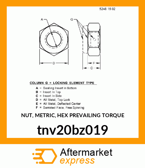 NUT, METRIC, HEX PREVAILING TORQUE tnv20bz019