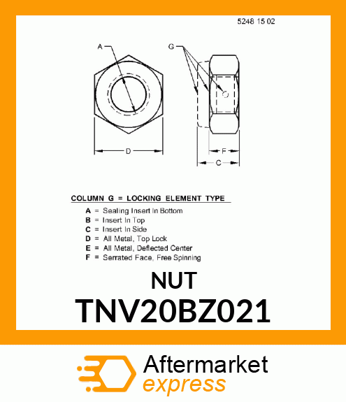 NUT, METRIC, HEX PREVAILING TORQUE TNV20BZ021