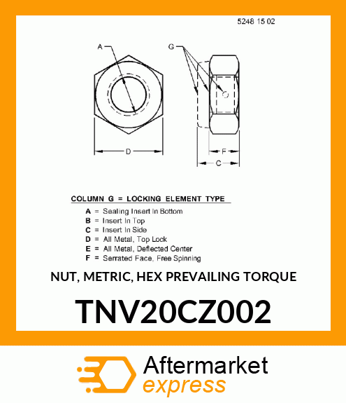 NUT, METRIC, HEX PREVAILING TORQUE TNV20CZ002