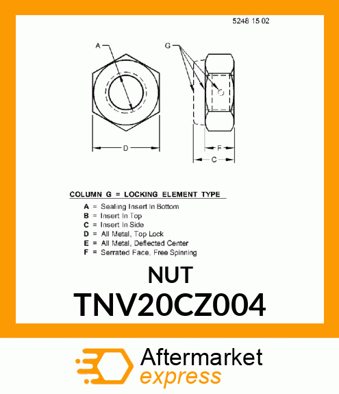 NUT, METRIC, HEX PREVAILING TORQUE TNV20CZ004