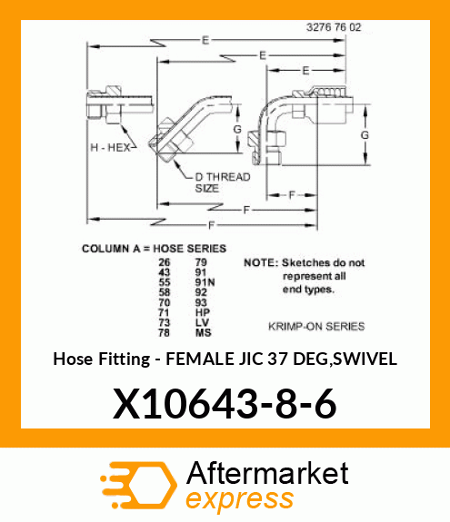 Hose Fitting - FEMALE JIC 37 DEG,SWIVEL X10643-8-6