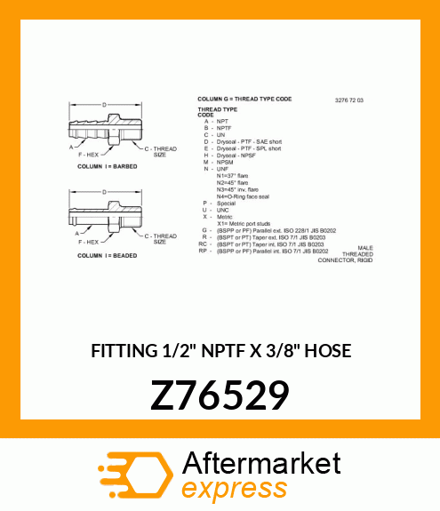 FITTING 1/2" NPTF X 3/8" HOSE Z76529