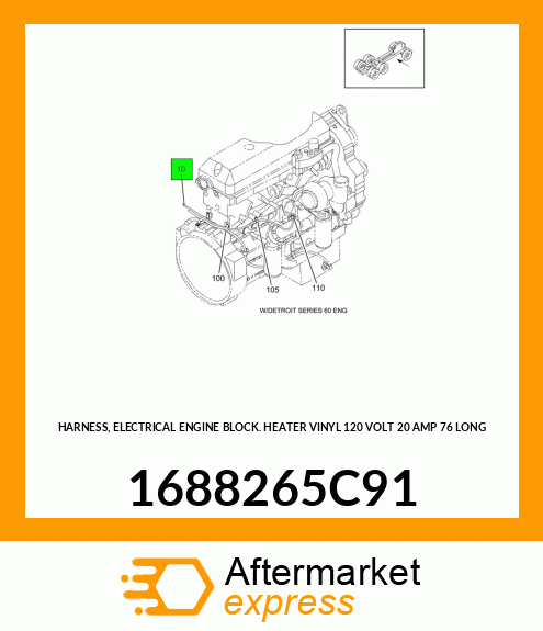 HARNESS, ELECTRICAL ENGINE BLOCK HEATER VINYL 120 VOLT 20 AMP 76" LONG 1688265C91