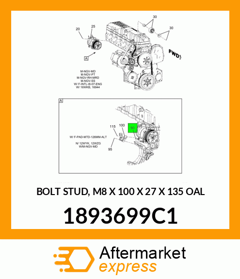 BOLT STUD, M8 X 100 X 27 X 135 OAL 1893699C1