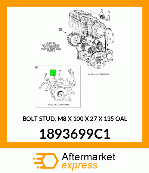 BOLT STUD, M8 X 100 X 27 X 135 OAL 1893699C1