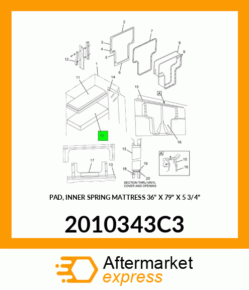 PAD, INNER SPRING MATTRESS 36" X 79" X 5 3/4" 2010343C3