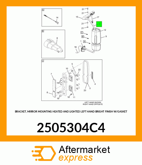 BRACKET, MIRROR MOUNTING HEATED AND LIGHTED LEFT HAND BRIGHT FINISH W/GASKET 2505304C4