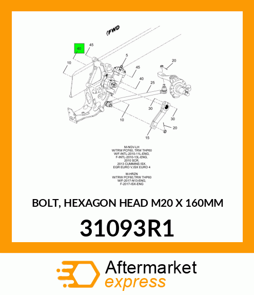BOLT, HEXAGON HEAD M20 X 160MM 31093R1