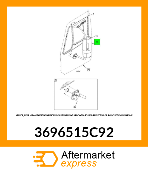 MIRROR, REAR VIEW OTHER THAN FENDER MOUNTING RIGHT AERO-HTD- POWER- REFLECTOR- CB RADIO RADIO-LD CHROME 3696515C92