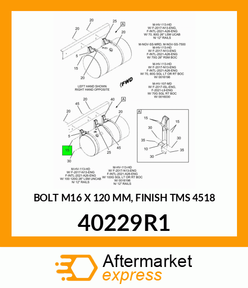 BOLT M16 X 120 MM, FINISH TMS 4518 40229R1