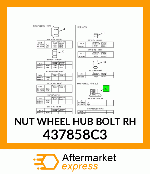 NUT WHEEL HUB BOLT RH 437858C3