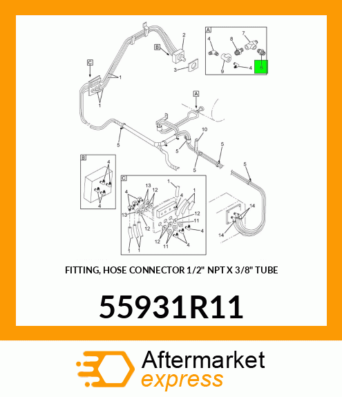 FITTING, HOSE CONNECTOR 1/2" NPT X 3/8" TUBE 55931R11